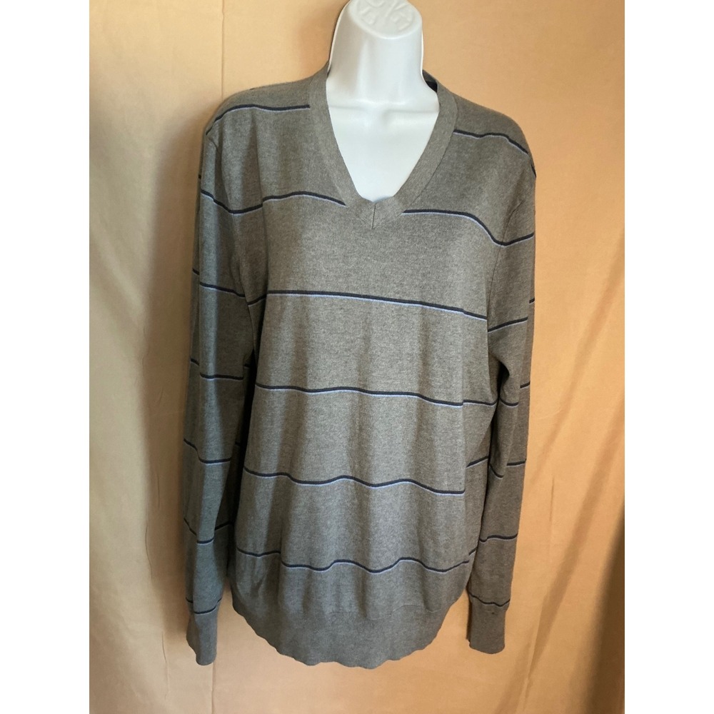 Banana Republic Sweater Mens Large Tall Grey Blue Striped Silk Cashmere V-Neck